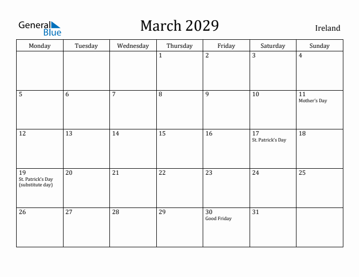 March 2029 Calendar Ireland