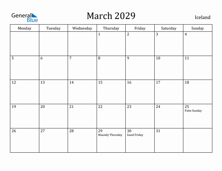 March 2029 Calendar Iceland