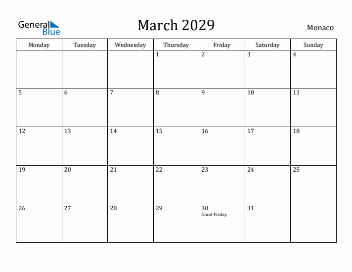 March 2029 Calendar Monaco