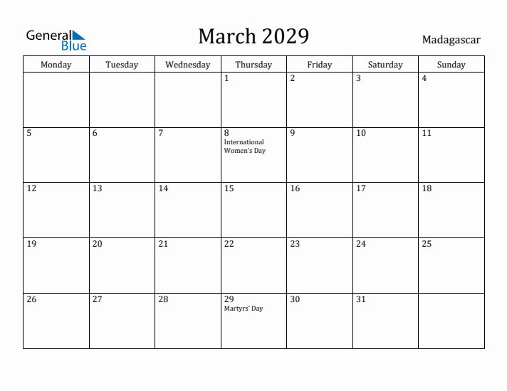 March 2029 Calendar Madagascar
