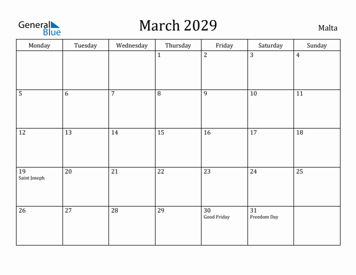 March 2029 Calendar Malta