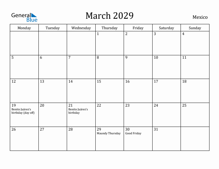 March 2029 Calendar Mexico