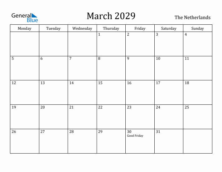 March 2029 Calendar The Netherlands