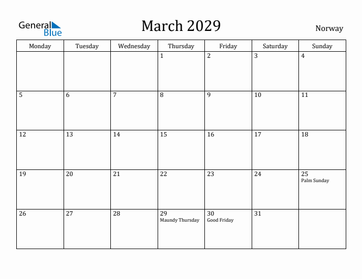 March 2029 Calendar Norway