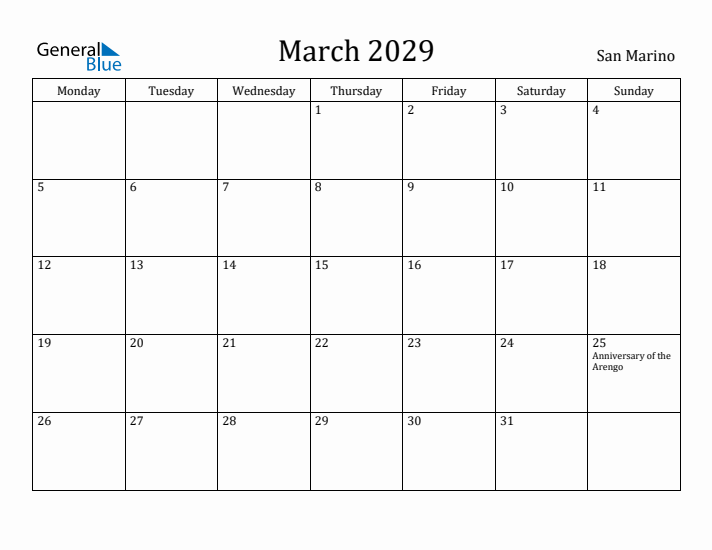 March 2029 Calendar San Marino