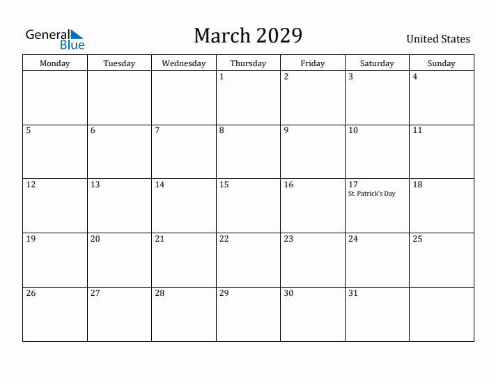 March 2029 Calendar United States