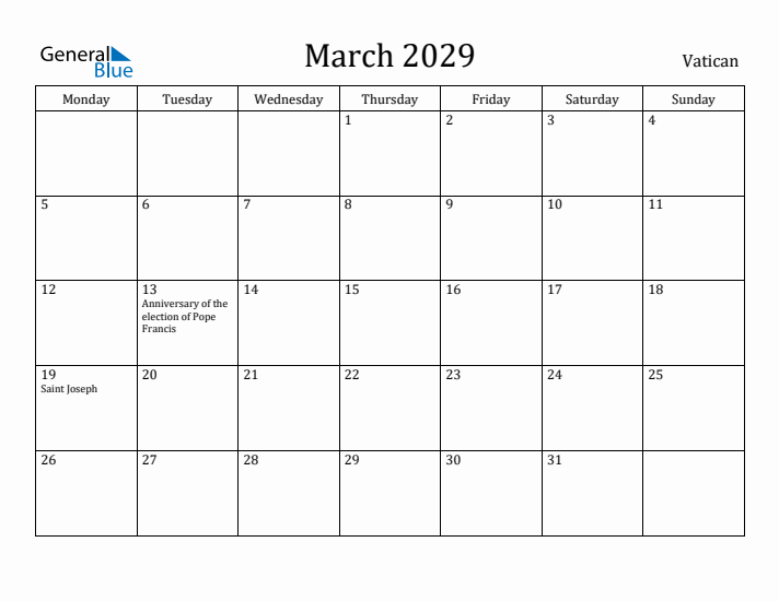 March 2029 Calendar Vatican