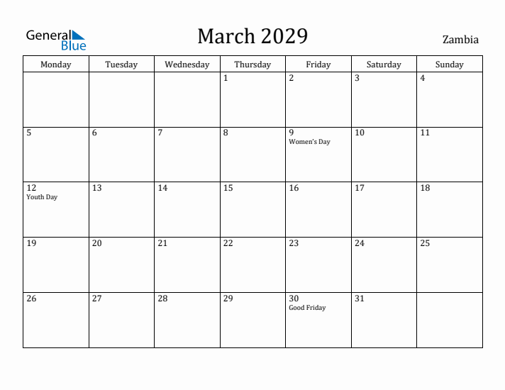 March 2029 Calendar Zambia