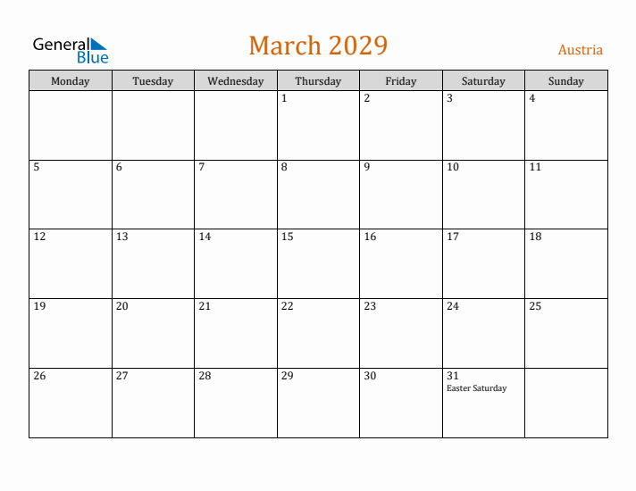 March 2029 Holiday Calendar with Monday Start