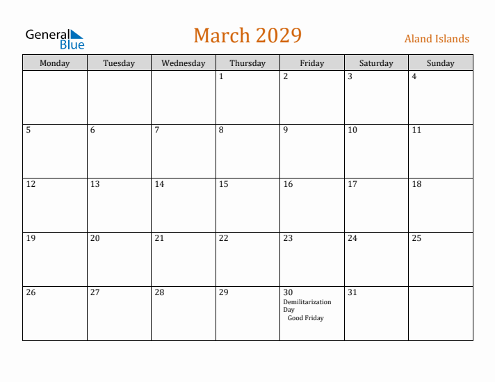 March 2029 Holiday Calendar with Monday Start