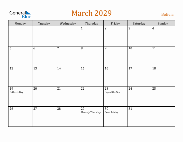 March 2029 Holiday Calendar with Monday Start