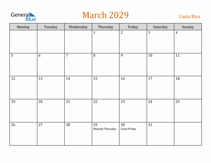 March 2029 Holiday Calendar with Monday Start