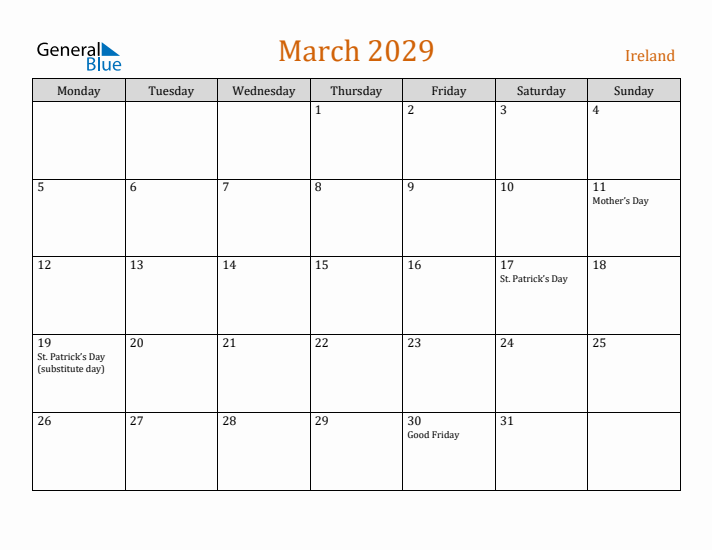 March 2029 Holiday Calendar with Monday Start