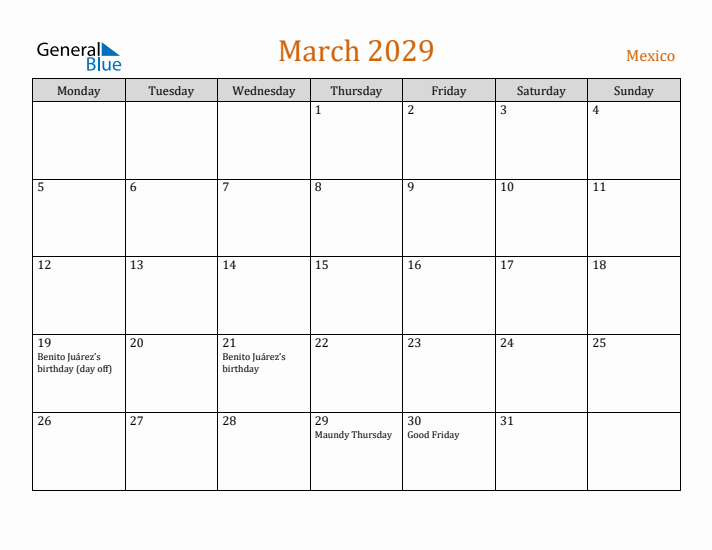 March 2029 Holiday Calendar with Monday Start