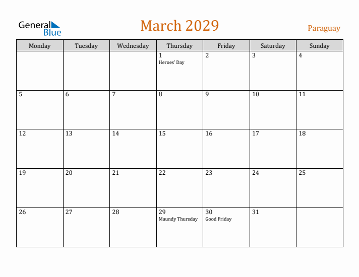 March 2029 Holiday Calendar with Monday Start