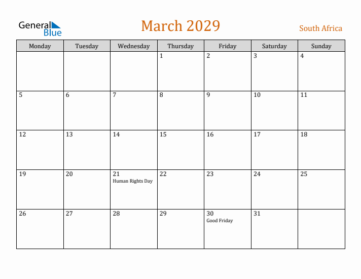 March 2029 Holiday Calendar with Monday Start