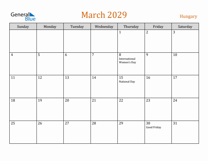 March 2029 Holiday Calendar with Sunday Start