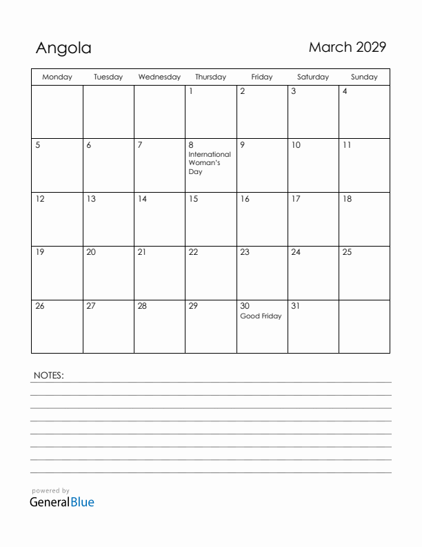 March 2029 Angola Calendar with Holidays (Monday Start)