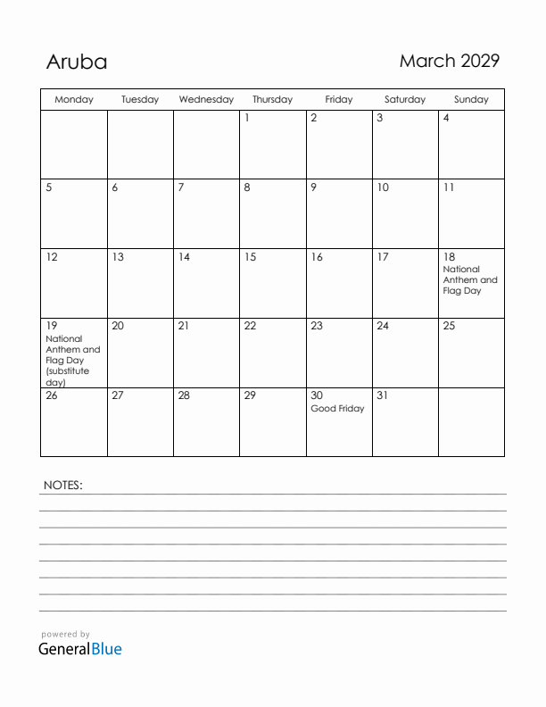 March 2029 Aruba Calendar with Holidays (Monday Start)