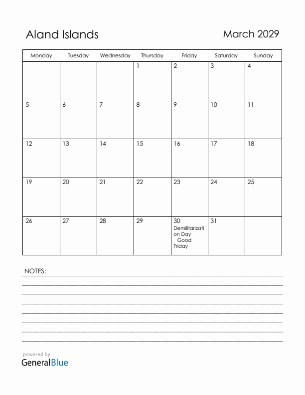 March 2029 Aland Islands Calendar with Holidays (Monday Start)