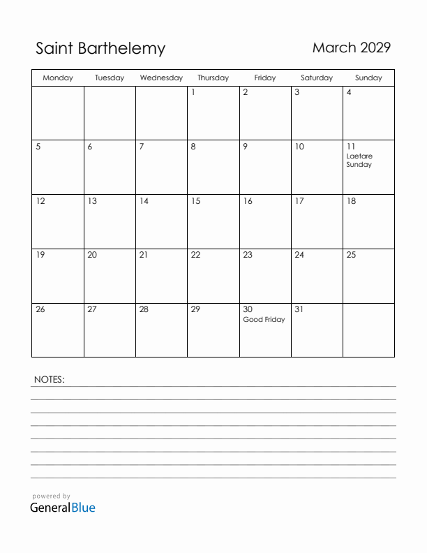 March 2029 Saint Barthelemy Calendar with Holidays (Monday Start)
