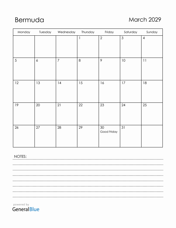 March 2029 Bermuda Calendar with Holidays (Monday Start)