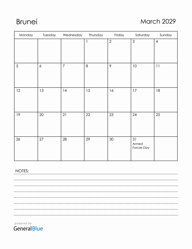 March 2029 Brunei Calendar with Holidays (Monday Start)