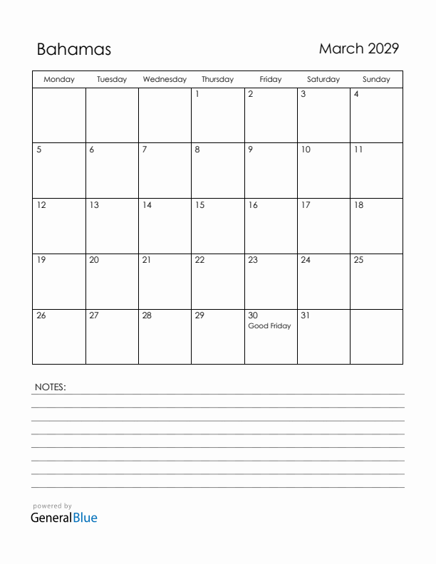 March 2029 Bahamas Calendar with Holidays (Monday Start)