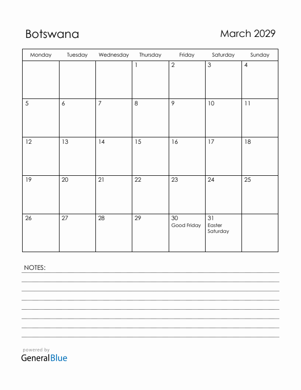 March 2029 Botswana Calendar with Holidays (Monday Start)