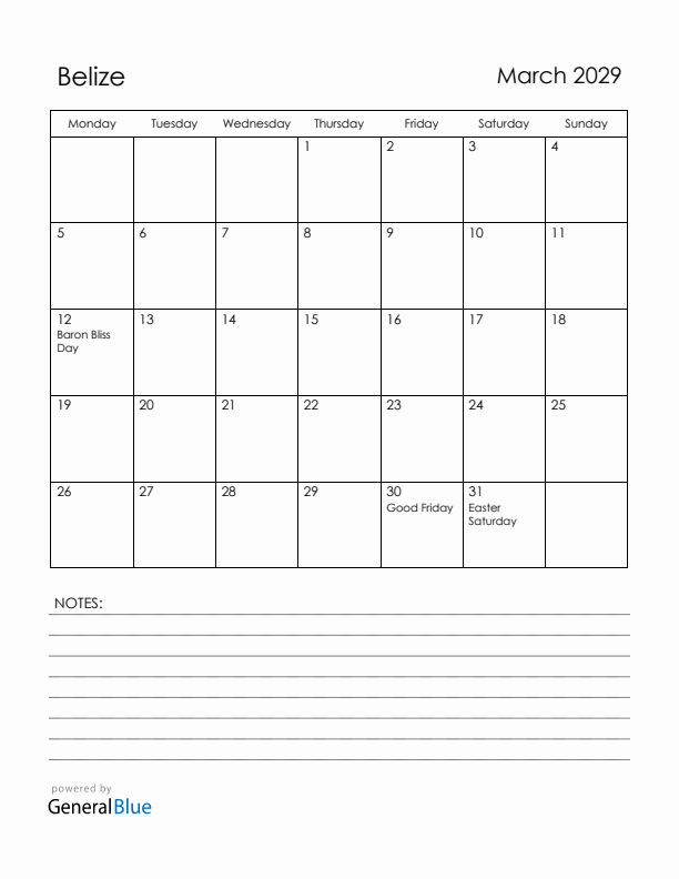 March 2029 Belize Calendar with Holidays (Monday Start)
