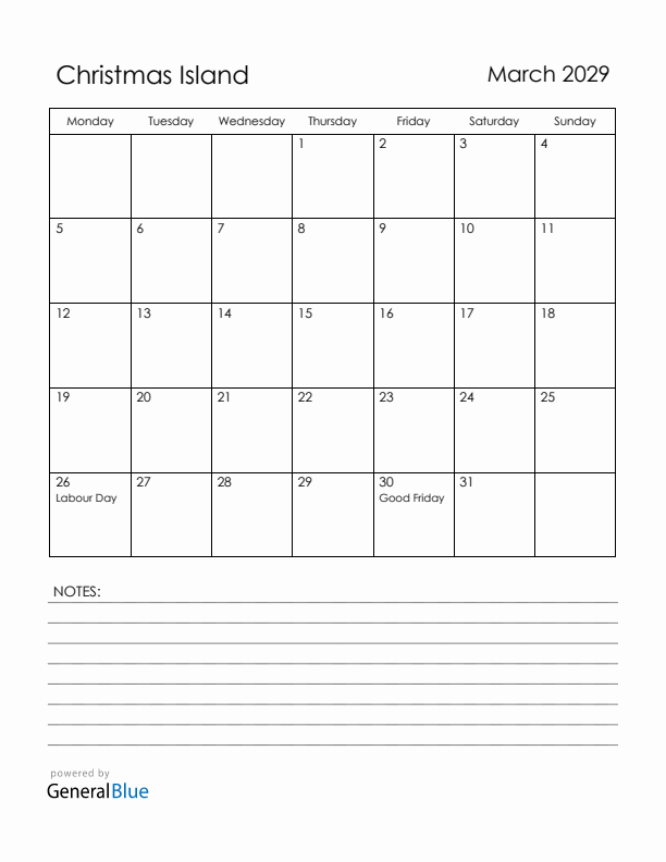 March 2029 Christmas Island Calendar with Holidays (Monday Start)