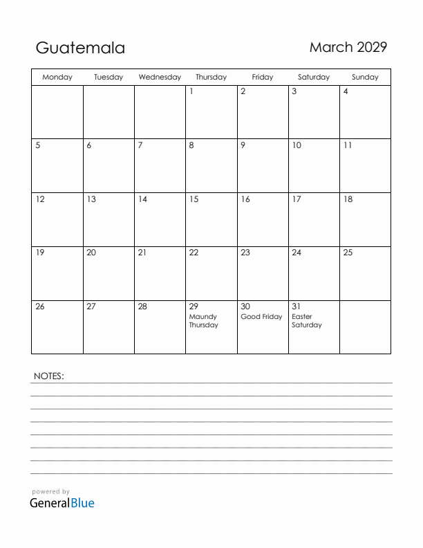 March 2029 Guatemala Calendar with Holidays (Monday Start)
