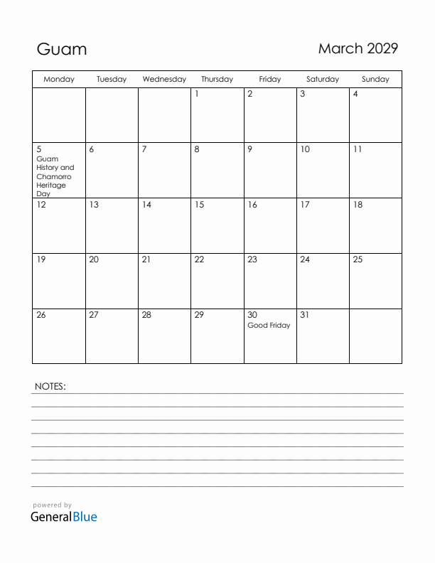 March 2029 Guam Calendar with Holidays (Monday Start)