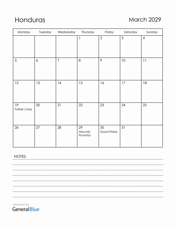 March 2029 Honduras Calendar with Holidays (Monday Start)