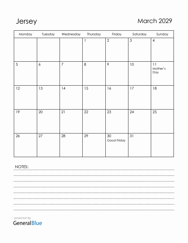 March 2029 Jersey Calendar with Holidays (Monday Start)