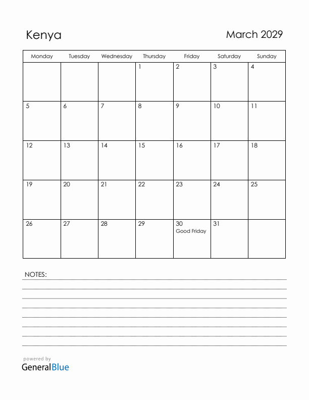 March 2029 Kenya Calendar with Holidays (Monday Start)