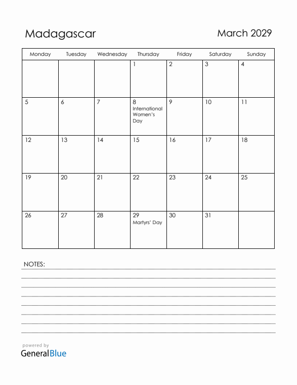 March 2029 Madagascar Calendar with Holidays (Monday Start)