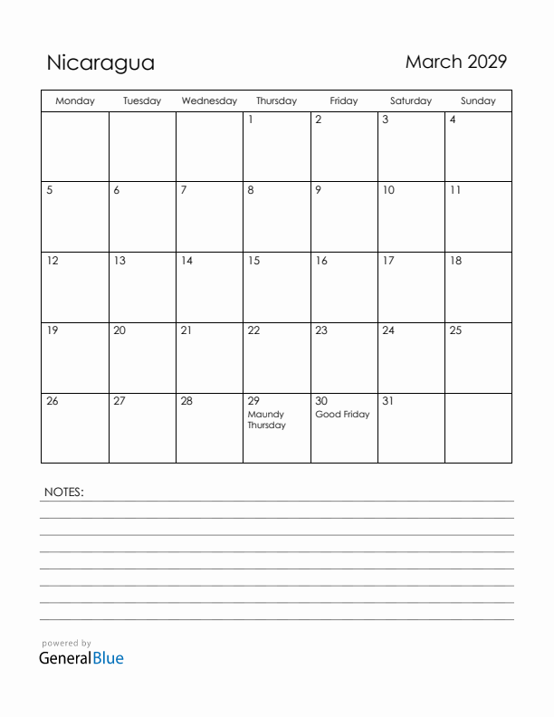 March 2029 Nicaragua Calendar with Holidays (Monday Start)
