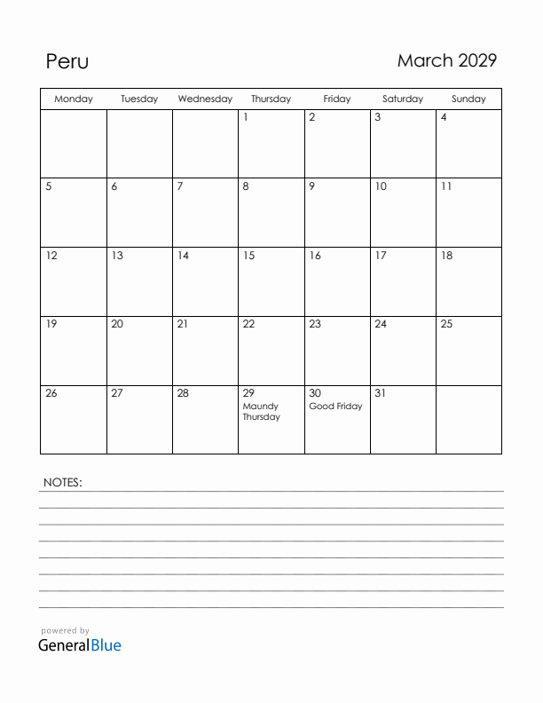 March 2029 Peru Calendar with Holidays (Monday Start)