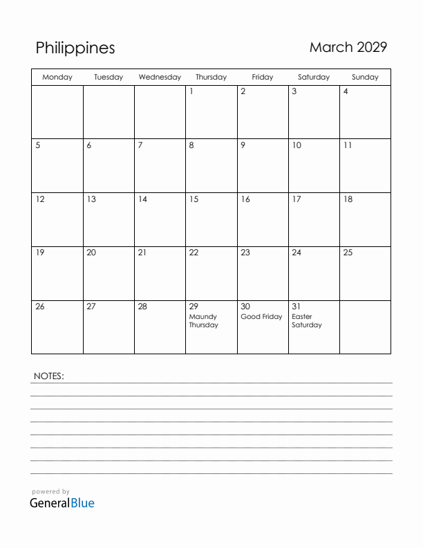 March 2029 Philippines Calendar with Holidays (Monday Start)