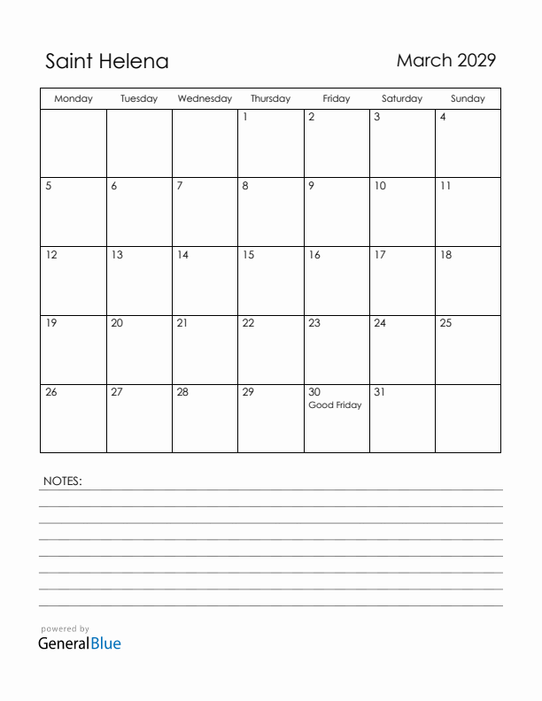March 2029 Saint Helena Calendar with Holidays (Monday Start)