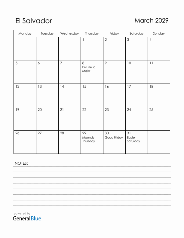 March 2029 El Salvador Calendar with Holidays (Monday Start)