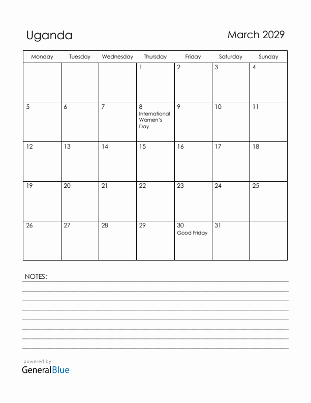 March 2029 Uganda Calendar with Holidays (Monday Start)