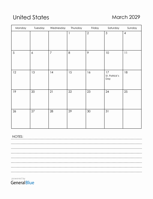 March 2029 United States Calendar with Holidays (Monday Start)