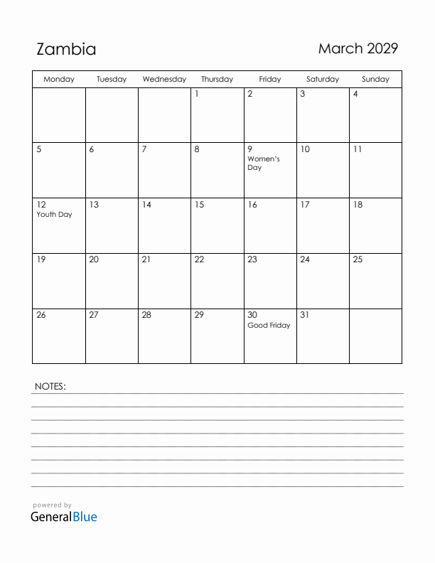 March 2029 Zambia Calendar with Holidays (Monday Start)