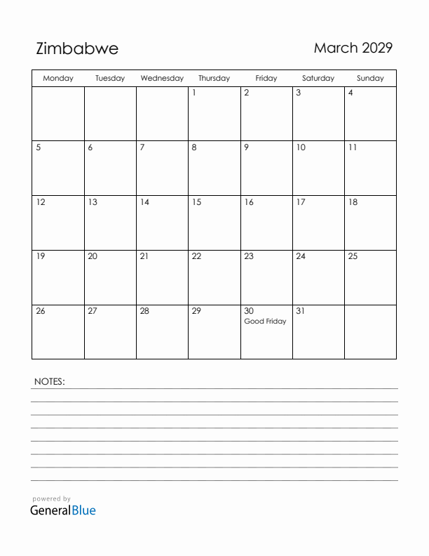March 2029 Zimbabwe Calendar with Holidays (Monday Start)