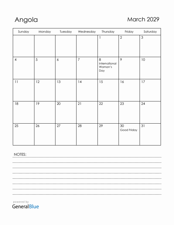 March 2029 Angola Calendar with Holidays (Sunday Start)