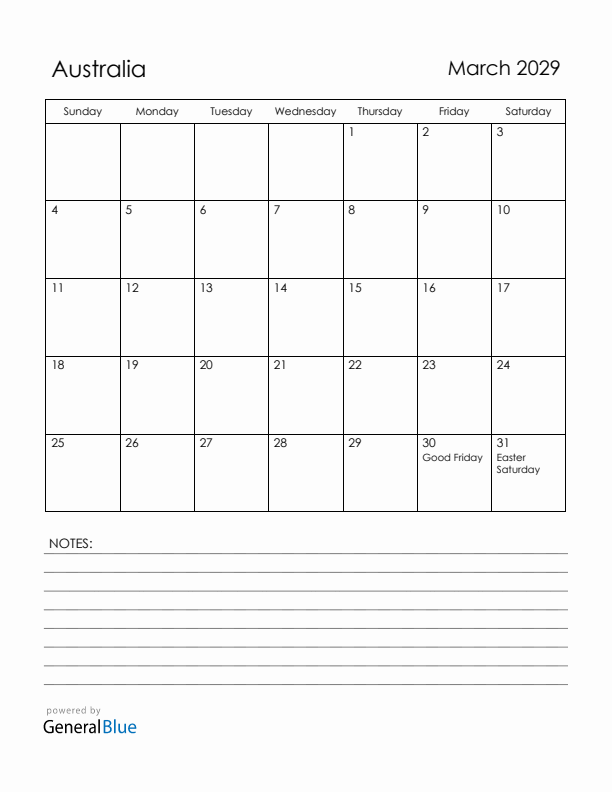March 2029 Australia Calendar with Holidays (Sunday Start)