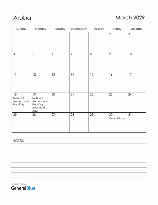 March 2029 Aruba Calendar with Holidays (Sunday Start)