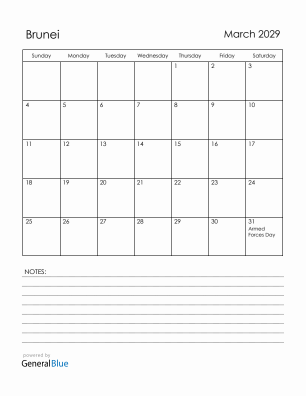 March 2029 Brunei Calendar with Holidays (Sunday Start)